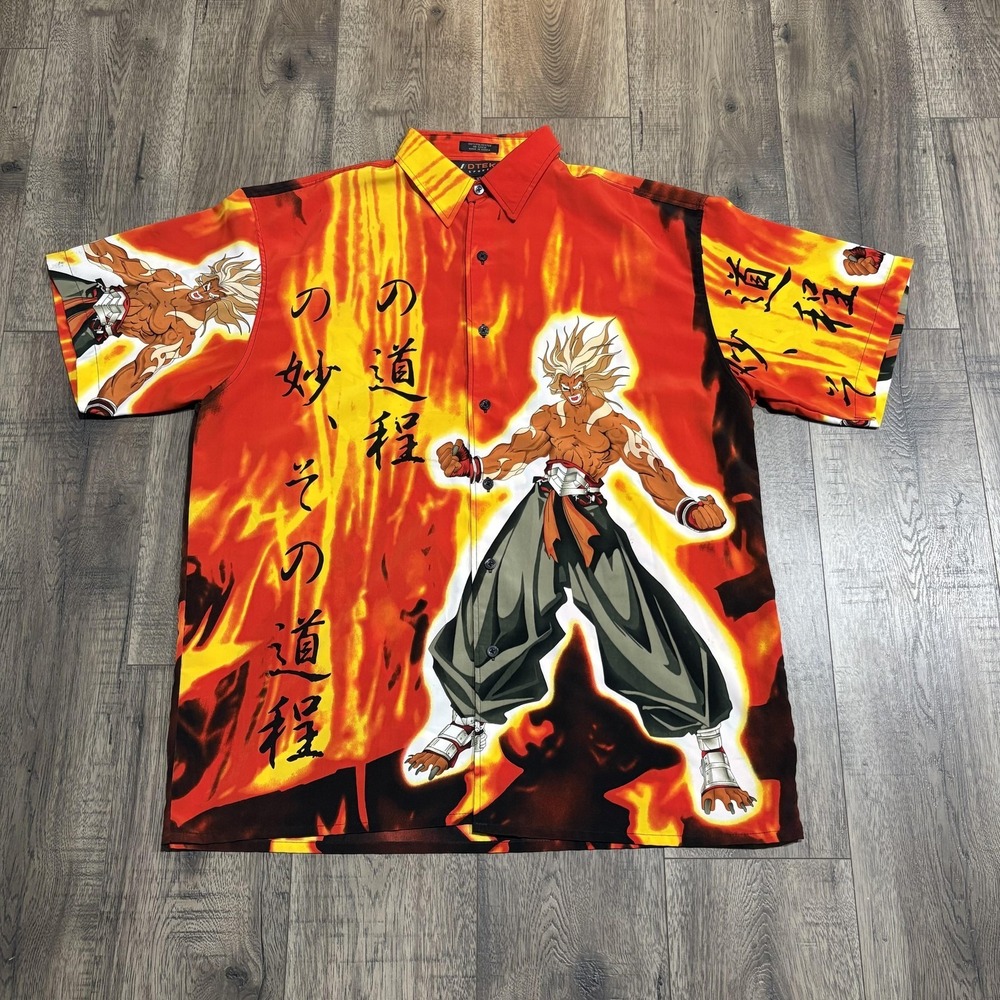 DTEK Shirt‎ Mens XL Red Flames Anime Warrior Graphic Button Front Short Sleeve